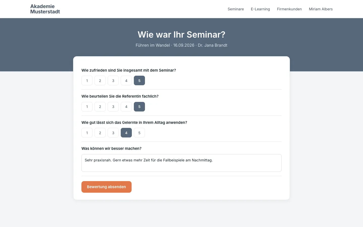 Feedbackbogen nach dem Seminar mit Bewertungsskalen (Beispielansicht)