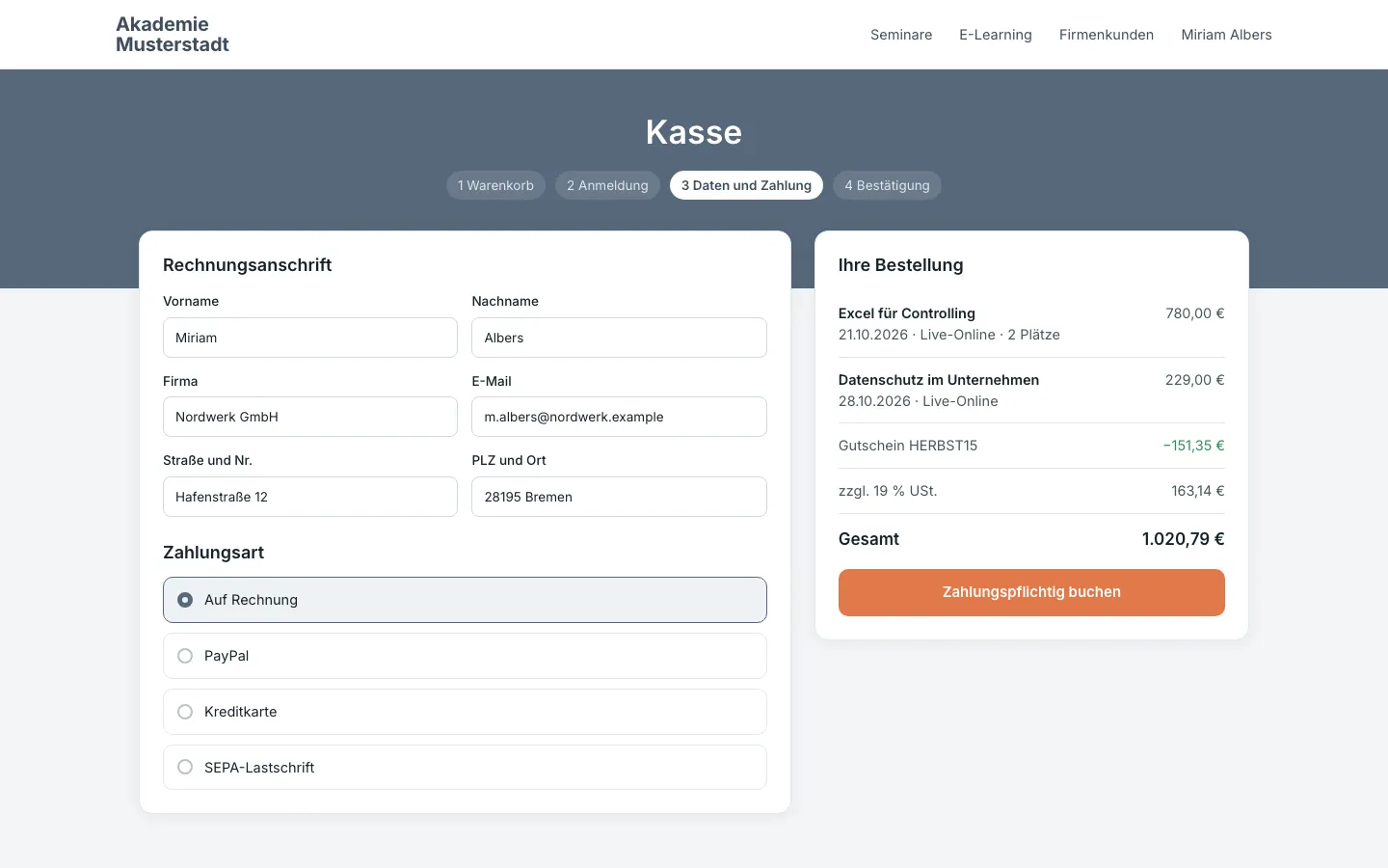 Kasse im Shop: Warenkorb, Rechnungsanschrift und Zahlung per Rechnung, PayPal, Kreditkarte oder Lastschrift (Beispielansicht)