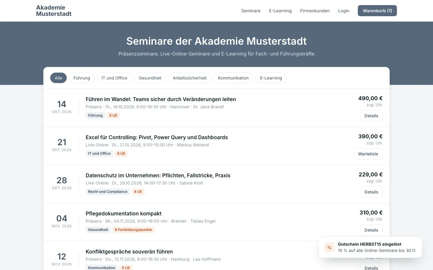 Seminarübersicht im Shop eines Anbieters: Filter nach Thema, Termine, Preise und ein eingelöster Gutschein (Beispielansicht)