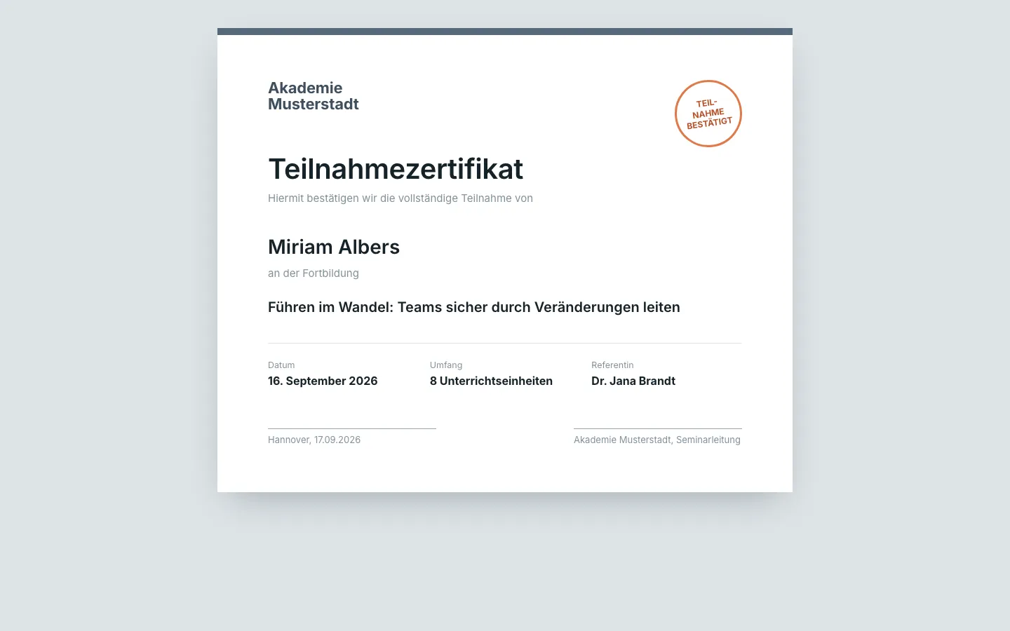 Teilnahmezertifikat mit Datum, Thema und Unterrichtseinheiten (Beispielansicht)